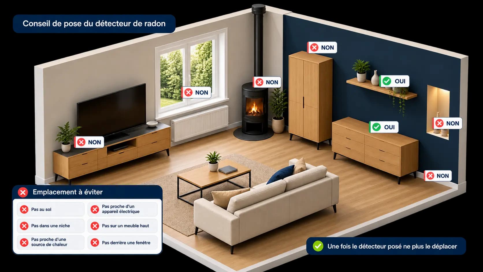 Illustration des emplacements recommandés et déconseillés pour poser un détecteur de radon dans une pièce