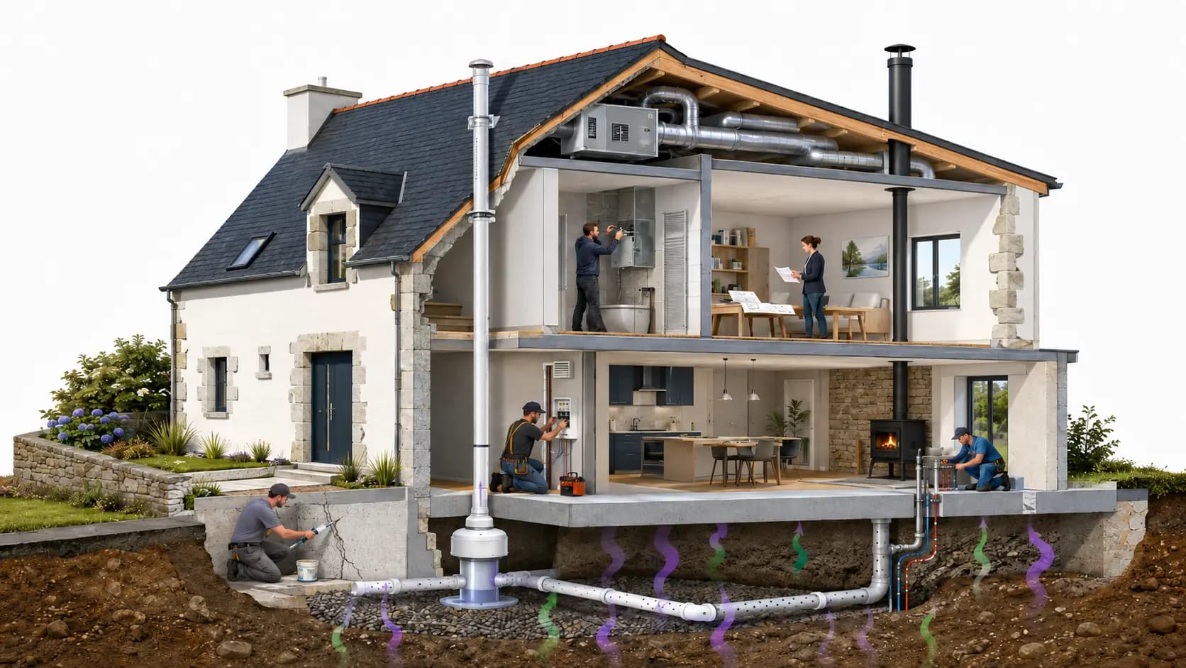 Maison en coupe illustrant les interventions de professionnels du bâtiment pour prévenir et réduire l’exposition au radon