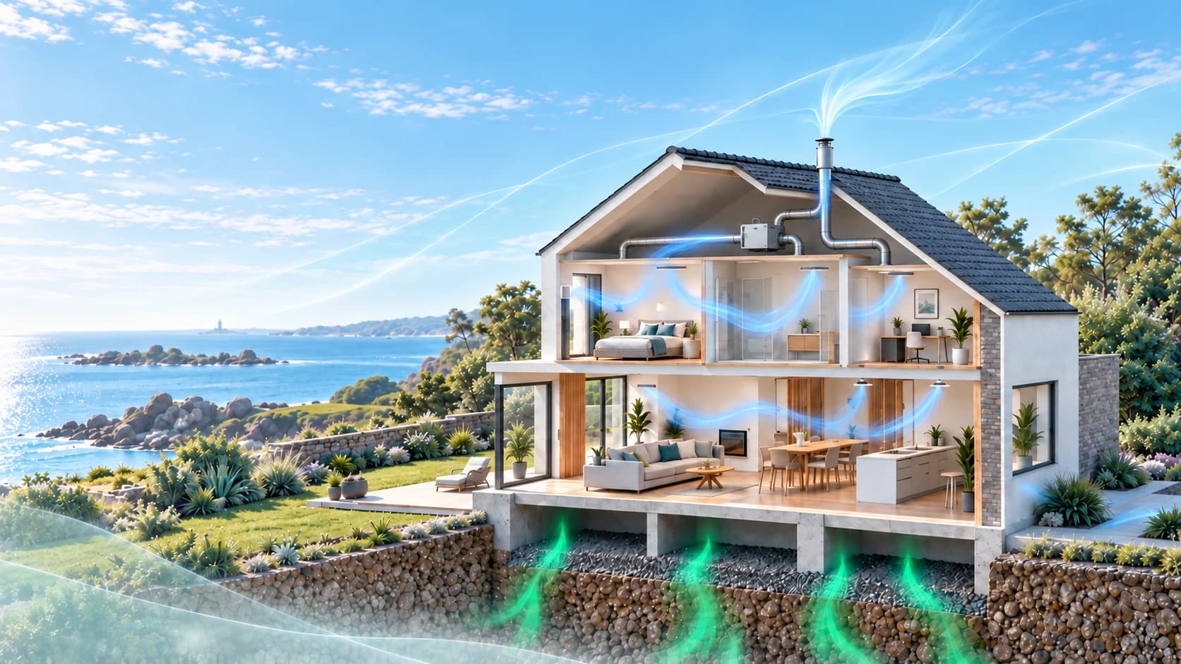 Maison en coupe montrant les entrées de radon depuis le sol et les systèmes de ventilation et d’évacuation