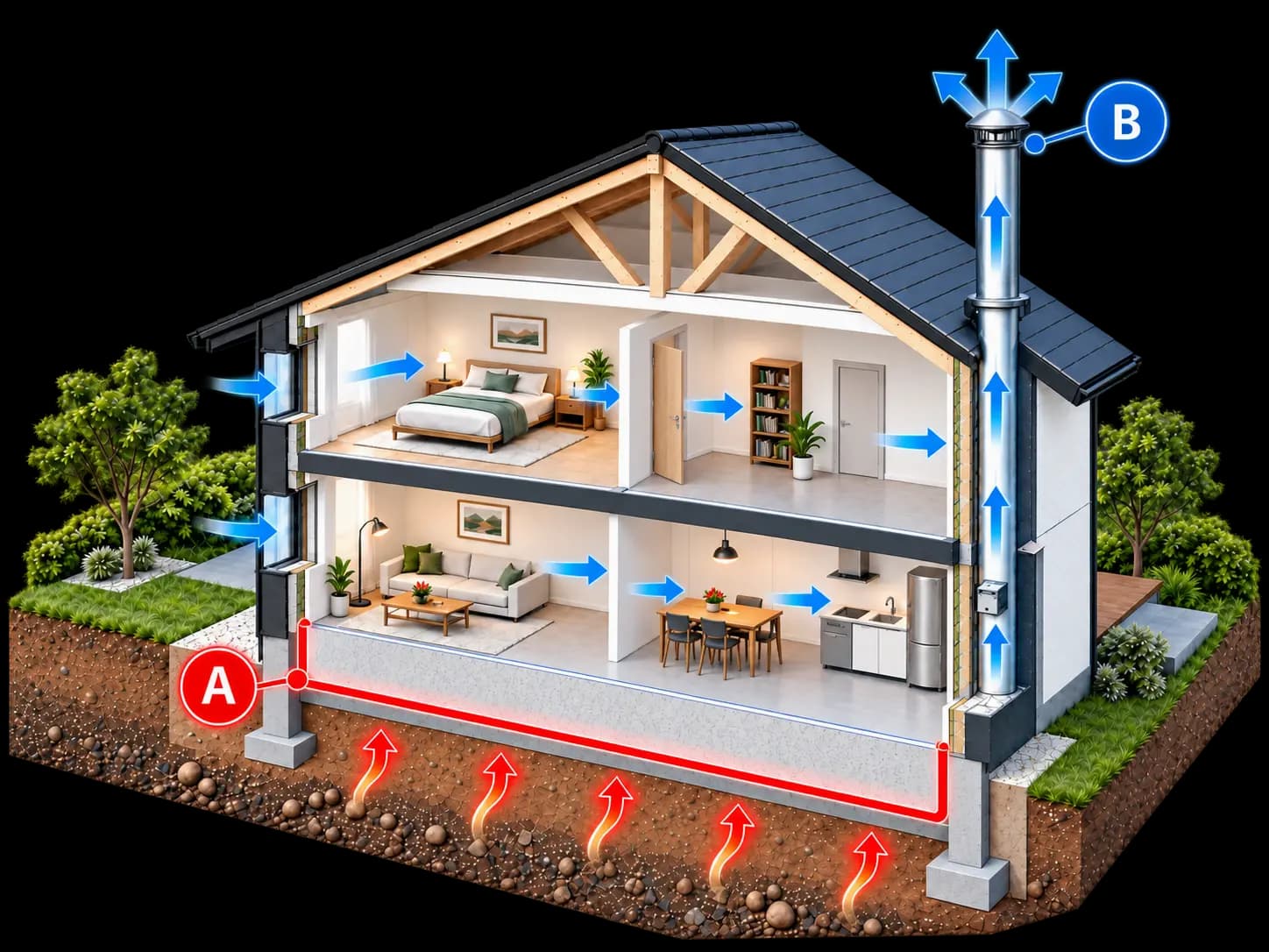 Schéma d’une habitation illustrant la limitation des entrées de radon depuis le sol et son évacuation par ventilation