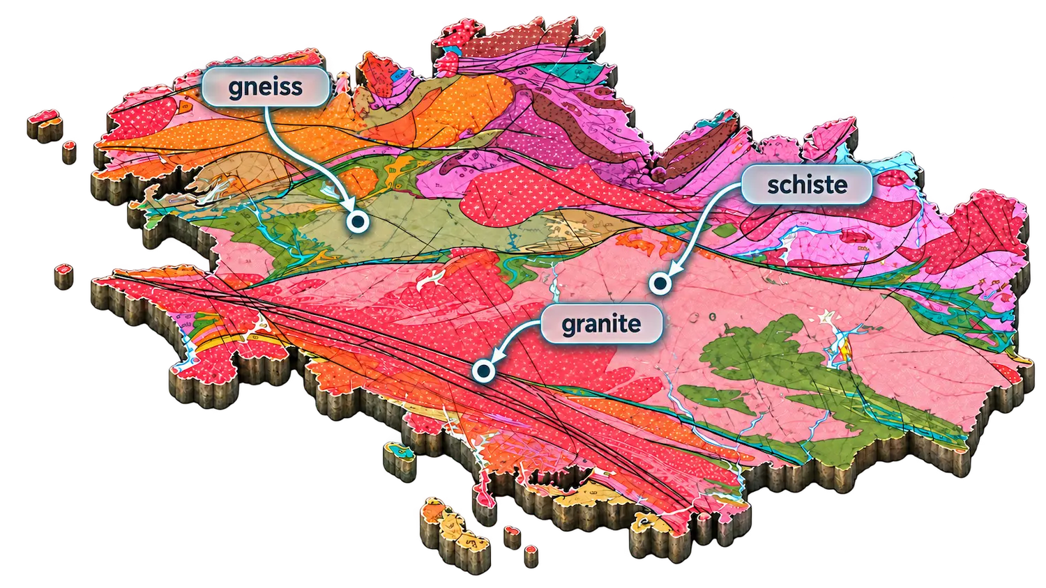 Carte géologique illustrée de la Bretagne avec des panneaux indiquant le gneiss, le schiste et le granite