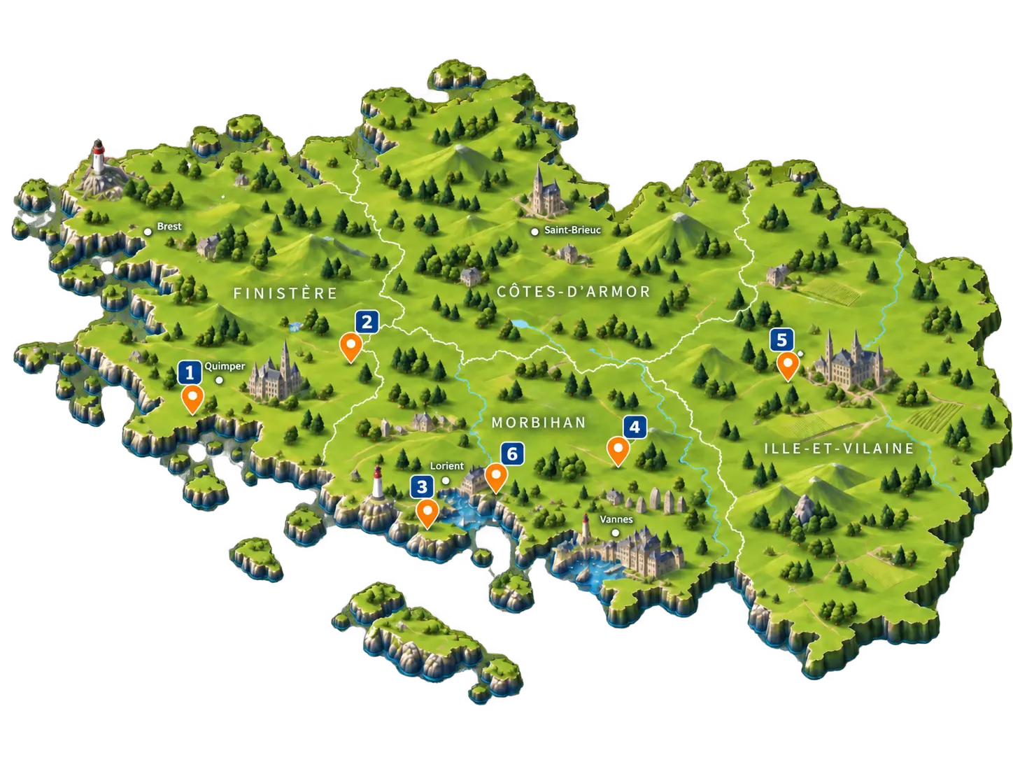 Carte de Bretagne localisant six diagnostiqueurs radon
