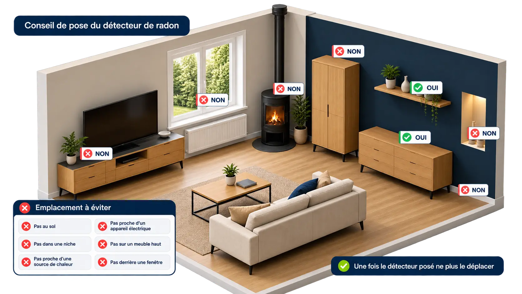 Illustration des emplacements recommandés et déconseillés pour poser un détecteur de radon dans une pièce